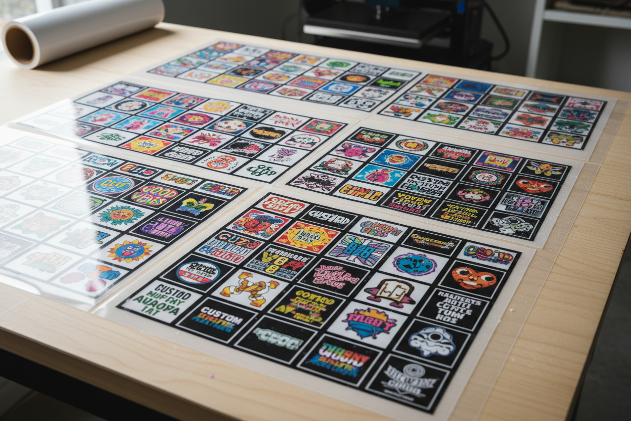 Several dtf gang sheets laying on a table on an angled view