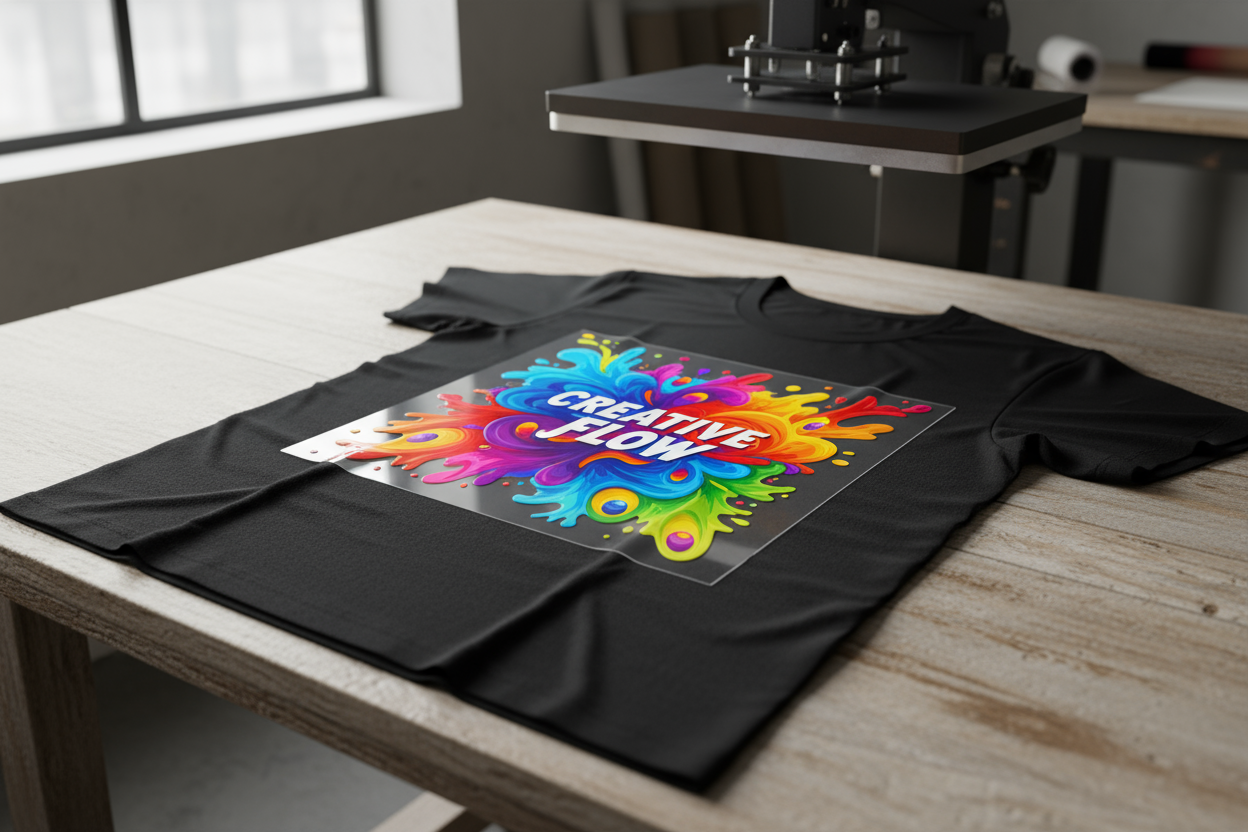Tshirt laying on top of a table with a dtf transfer laying on top of it